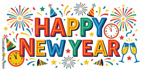 Colorful happy new year greeting illustration with fireworks party hats clocks and champagne glasses celebrating the end of the year and beginning of a new one