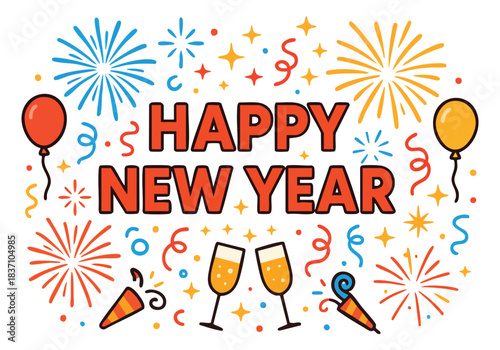Colorful happy new year greeting illustration with fireworks party hats clocks and champagne glasses celebrating the end of the year and beginning of a new one