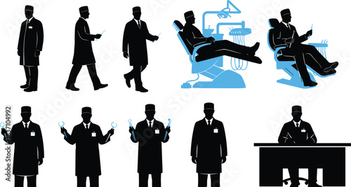 Dentist silhouette vector set, dental doctor with tools, patient chair treatment scene, medical clinic workflow, professional healthcare illustration