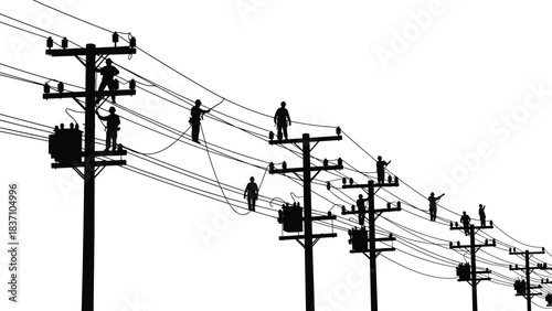 Electric line worker silhouette scene showing technicians repairing power lines on utility poles, energy maintenance work concept isolated background