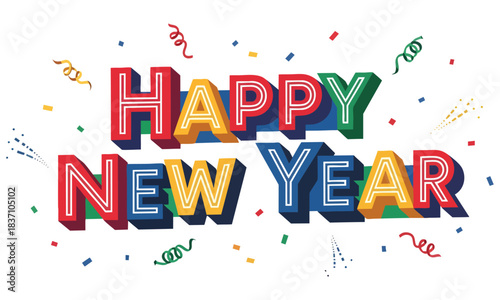 Colorful happy new year greeting illustration with fireworks party hats clocks and champagne glasses celebrating the end of the year and beginning of a new one