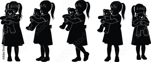 Little girl silhouette vector set, child holding teddy bear, cute childhood poses, innocence concept illustration, isolated kids design collection