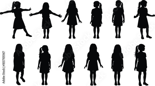 Little girl silhouette vector set, female child standing poses, cute kid body positions, childhood people illustration, isolated design collection