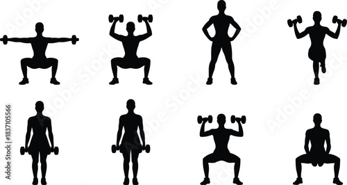 Squat exercise silhouette, dumbbell workout vector, fitness training icon, strength pose illustration, cad drawing flat vector illustration