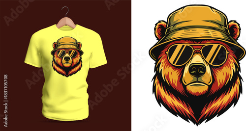 Vibrant vector illustration of a bear’s head featuring warm orange and brown fur tones, wearing a textured bucket hat with stitched edges and reflective golden sunglasses that mirror surrounding