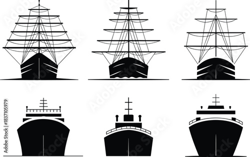 Front view ship silhouette vector set, sailing vessel, cruise, cargo, naval transport icon, cad drawing flat vector illustration, black artwork