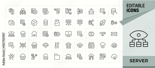 Server linear icon set. Includes thin line symbols information, internet, network, cloud data, data storage and more. Editable vector stroke. Database line icon set.