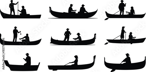 Gondola silhouette vector, Venice boat illustration, gondolier rowing scene, black flat icon, traditional water transport, cad drawing flat vector illustration