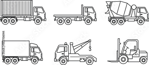 Vector collection featuring logistics and industrial machinery including container truck, flatbed, cement mixer, box truck, tow truck, and forklift outlines for business graphics.