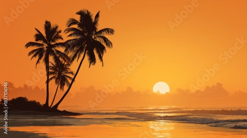Bright orange sun sets on the horizon above gentle ocean waves. Silhouetted palm trees stand along the beach. Soft clouds fill the sky. This is a warm evening scene.