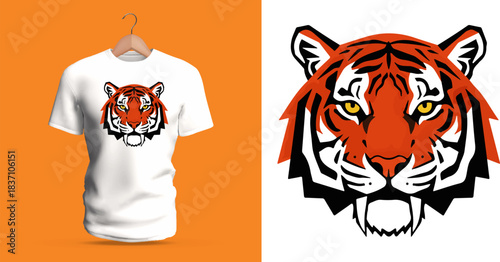 Highly detailed vector illustration of a fierce tiger head featuring vibrant orange fur, bold black stripes, sharp expressive eyes, defined white facial areas, and strong jaw contours