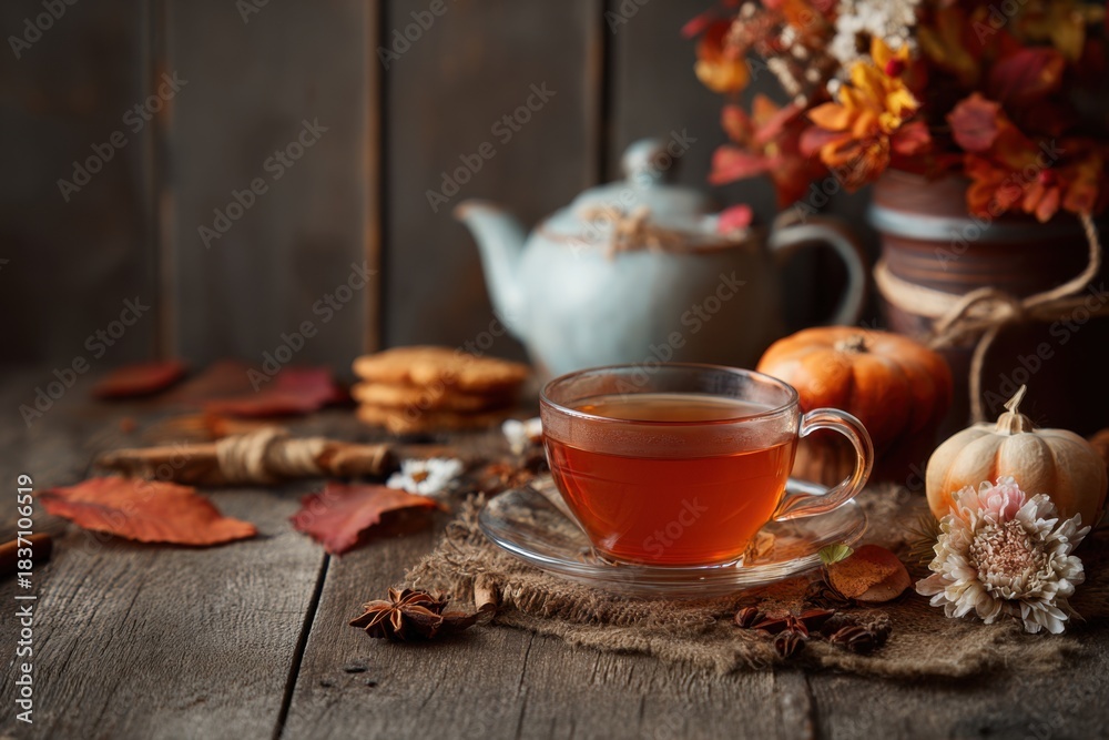 Fototapeta premium Cozy autumn tea arrangement featuring warm hues, seasonal decor, and wooden table background. MZ 