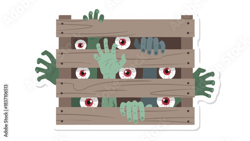 Cartoon zombies with green skin red eyes and pale hands peeking through wooden crate planks in a creepy horror theme with an artistic illustration style against a white background