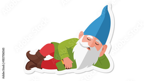 Charming garden gnome with a white beard and blue hat sleeps peacefully in a red and green outfit against a black background with a white border cutout effect creating a playful whimsical illustration