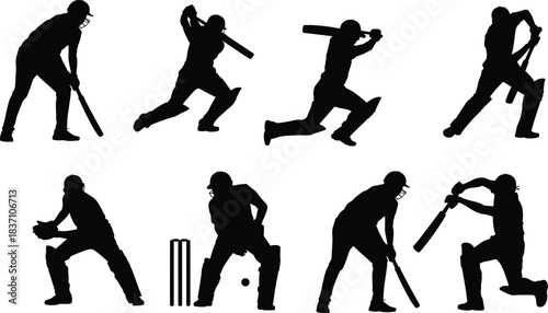 Cricket player silhouette vector set, batsman, bowler, wicketkeeper, sports action pose, black flat icon, cad drawing flat vector illustration