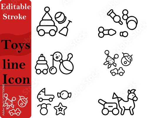 A playful and colorful toys icon featuring simple geometric shapes. Such as blocks a teddy bear a spinning top. Designed with soft curves and a friendly child-safe appearance this icon represents fun.