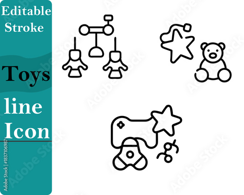 A playful toys icon featuring classic children’s items such as a teddy bear toy blocks. A small car with soft edges and a fun friendly style.It represents childhood joy creativity playtime activities.