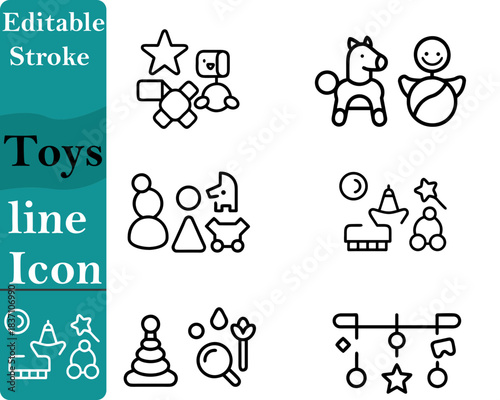 A playful toys icon featuring classic children’s items such as a teddy bear toy blocks. A small car with soft edges and a fun friendly style.It represents childhood joy creativity playtime activities.