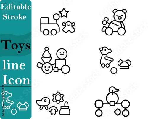 A playful toys icon featuring classic children’s items such as a teddy bear toy blocks. A small car with soft edges and a fun friendly style.It represents childhood joy creativity playtime activities.