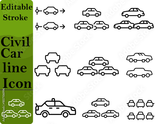 A clean and modern civil car icon featuring a sleek sedan silhouette with smooth curves and balanced proportions. Designed with minimal lines for clarity it represents personal vehicles, commuting.