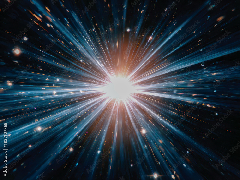 Naklejka premium Radiant cosmic explosion with intense beams of light bursting outward in a dynamic space scene filled with sparkling starry particles and vibrant energy rays