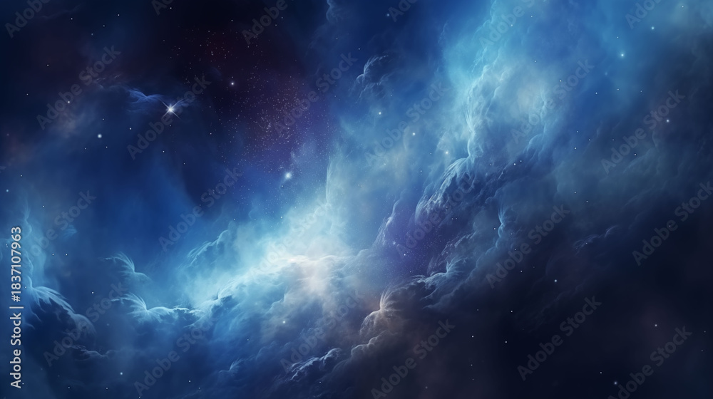 Fototapeta premium Outer space background with glowing stars, blue nebula clouds, and galaxy swirl