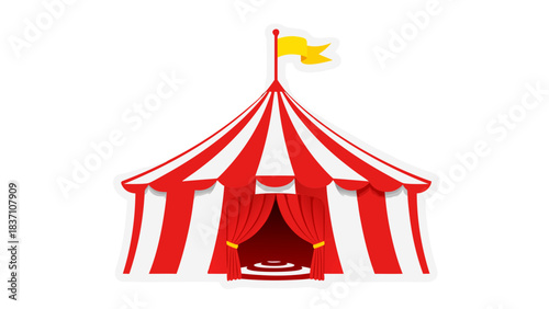 Classic Red And White Striped Big Top Circus Tent With Yellow Flag And Draped Curtains Isolated On Black Background