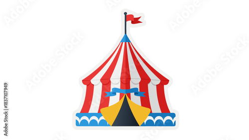 Classic Striped Red And White Big Top Circus Tent With Blue Bunting Decorations And Yellow Entrance Under A Flag On A Pole In A Flat Design Illustration