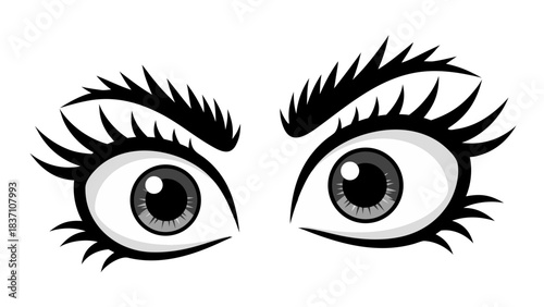 Close up cartoon eyes with gray irises and long eyelashes against a black background illustration style