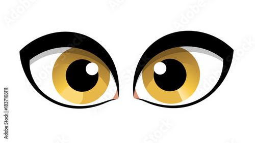 Close up of a pair of yellow cartoon eyes looking intently forward with a black background and white outline detail