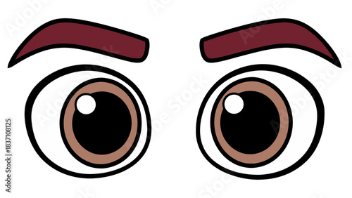 Close Up Of A Stylized Cartoon Eyes With Brown Eyebrows And Light Brown Irises Against A Black Background