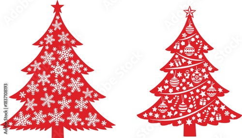 Two Red Christmas Tree Silhouettes Vector: One Decorated with Snowflakes and One with Ornaments, Candy Canes, and Stars for Festive Holiday Design.