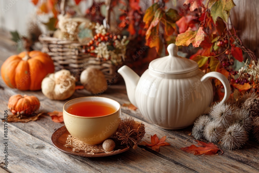 Fototapeta premium Cozy autumn tea arrangement featuring warm hues, seasonal decor, and wooden table background. MZ 