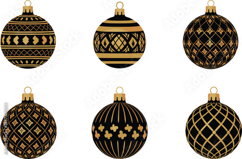 Elegant gold and black vector christmas sphere ornaments set with intricate geometric and stylized floral pattern designs.