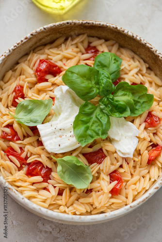 Orzo with torn mozzarella cheese, roasted tomatoes and fresh green basil, vertical shot, middle close-up, high angle view