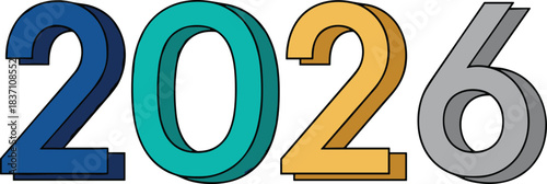 Bold 3D 2026 happy new year numbers illustration in colorful block style with black outline and shadow effect.