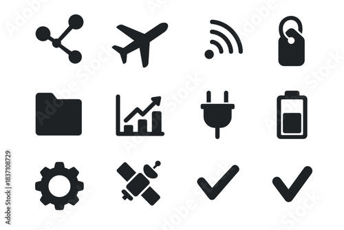 Lines vector connected airway network wave plug gear icons satellite folder checkmark