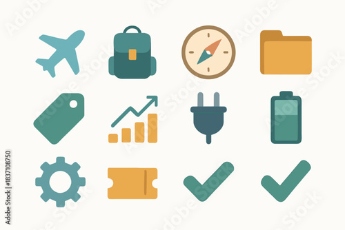 Plug compass icon checkmark ticket chart vector collection wanderlust airplane backpack folder