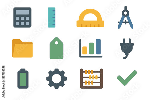 Battery math tools gear compass folder icon ruler plug calculator vector abacus