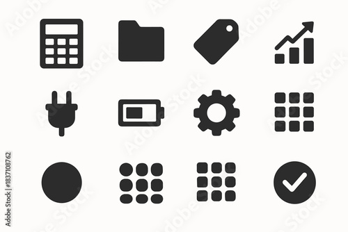 Vector battery icons pad icon compact checkmark device gear chart calculator minimal