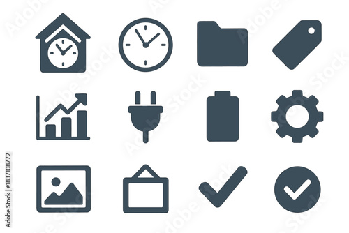 Plug icon clock gear folder tag checkmark wall minimalist set face vector