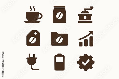 Battery tag chart icons vector grinder coffee beans shop bag cup mug