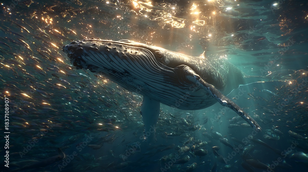 Obraz premium Underwater whales have light rays.