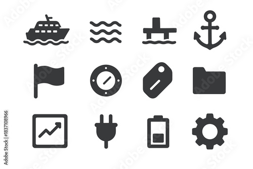 Flag ferry chart gear cabin tag vector icon water folder set dock
