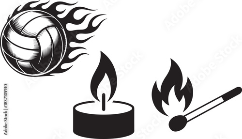 Volleyball on fire with burning matchstick and candle flame