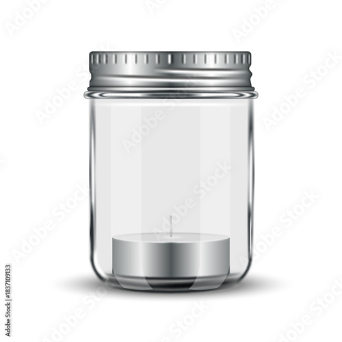 Realistic clear glass jar with metal screw cap and small tealight candle inside isolated on white front view 3d vector illustration for  scandinavian style home decor or product branding mockup
