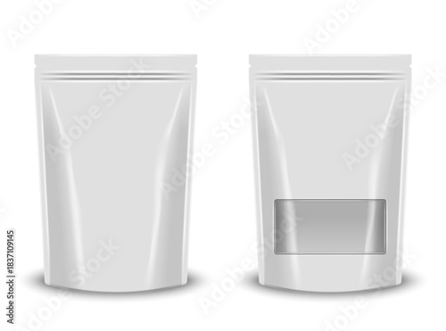 Realistic two white blank doypack stand up pouches with zip lock front view isolated on white, one with clear transparent window, ad of a product packaging mockup 3d vector for food, cosmetic industry
