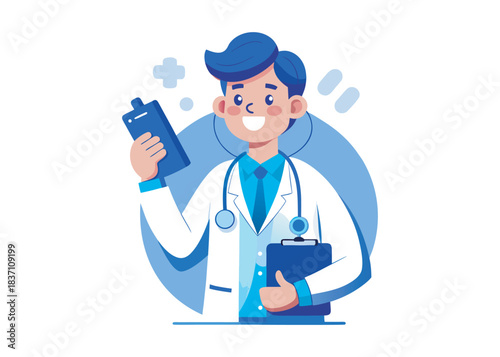 Professional male doctor calling to patient, giving treatment prescription and advice. Cartoon character providing modern healthcare service. Vector flat illustration
