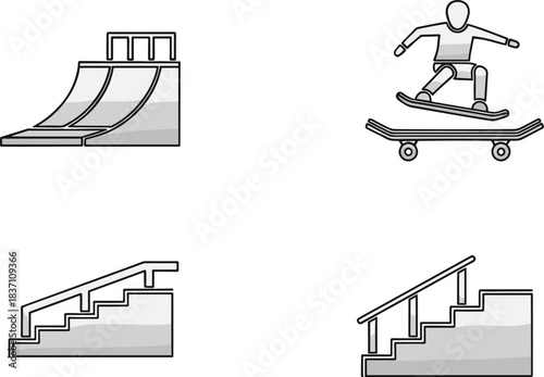 Monochromatic graphic illustration set of skateboarding park elements including half pipes, stair sets, rail, and a skater performing an ollie jump trick.