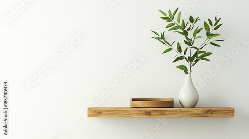 Minimalist home decor with green plant in white vase and wooden box on floating shelf